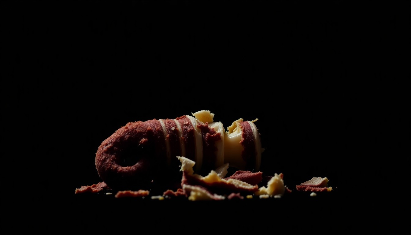 An extreme close-up photograph of a shredded dog toy, its tattered fabric and stuffing illuminated by a harsh flash against a dark background, conveying the violence and destruction of a fatal dog attack.