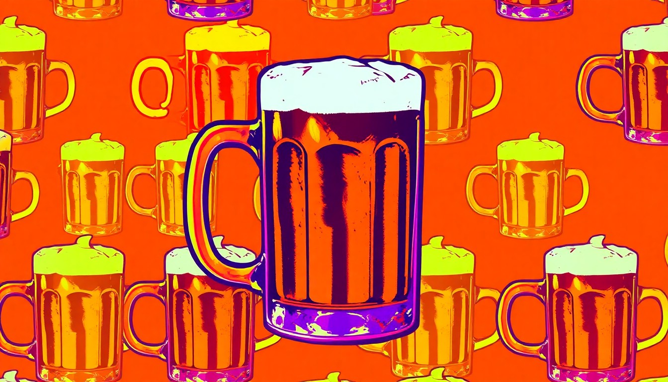 A brightly colored, high-contrast silkscreen print of a beer mug repeated in a tight grid pattern, representing the new bar and eatery concept at the former Jefferson Bodega location.