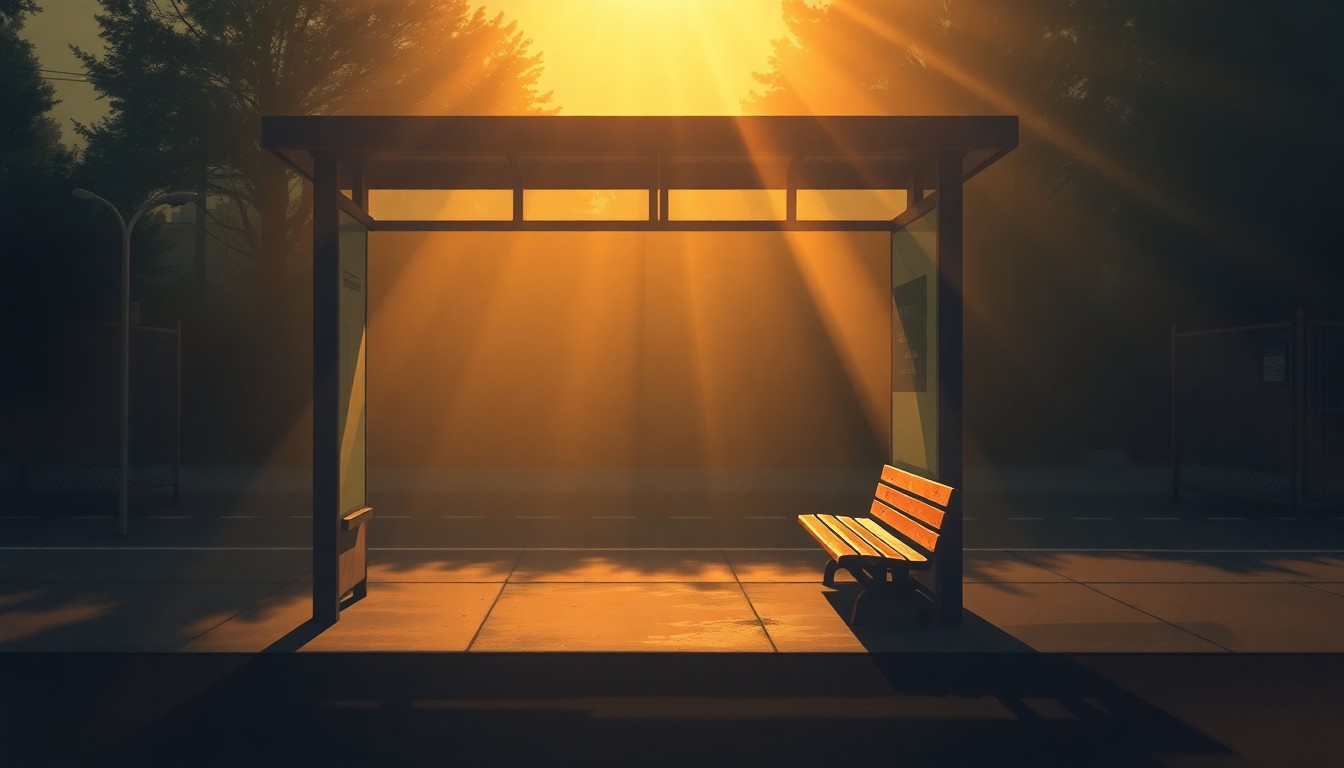 A warm, cinematic painting depicting an isolated bus stop bench in soft, golden light, conveying a sense of melancholy and the need for investment in public transit infrastructure.