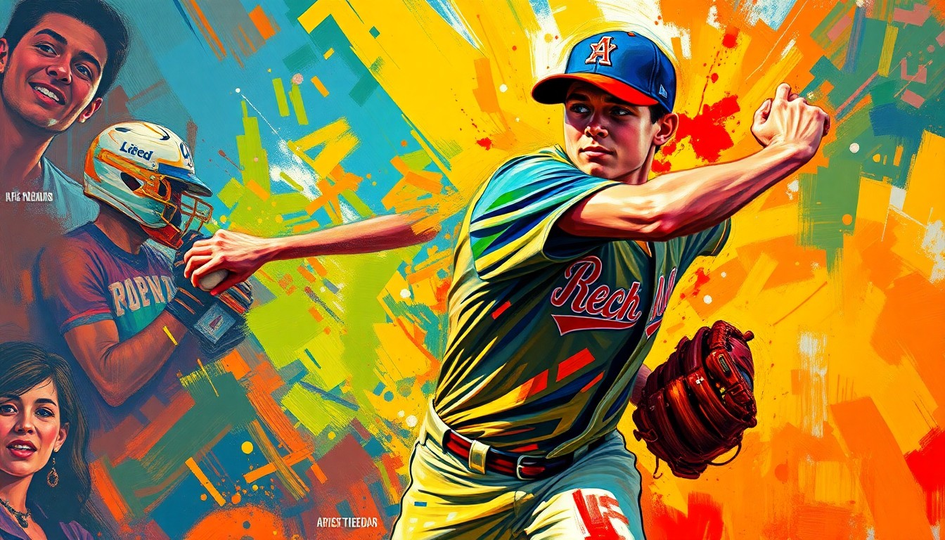 An abstract, expressionist painting in neon colors depicting the dynamic motion and energy of a high school baseball pitcher in the midst of their delivery.