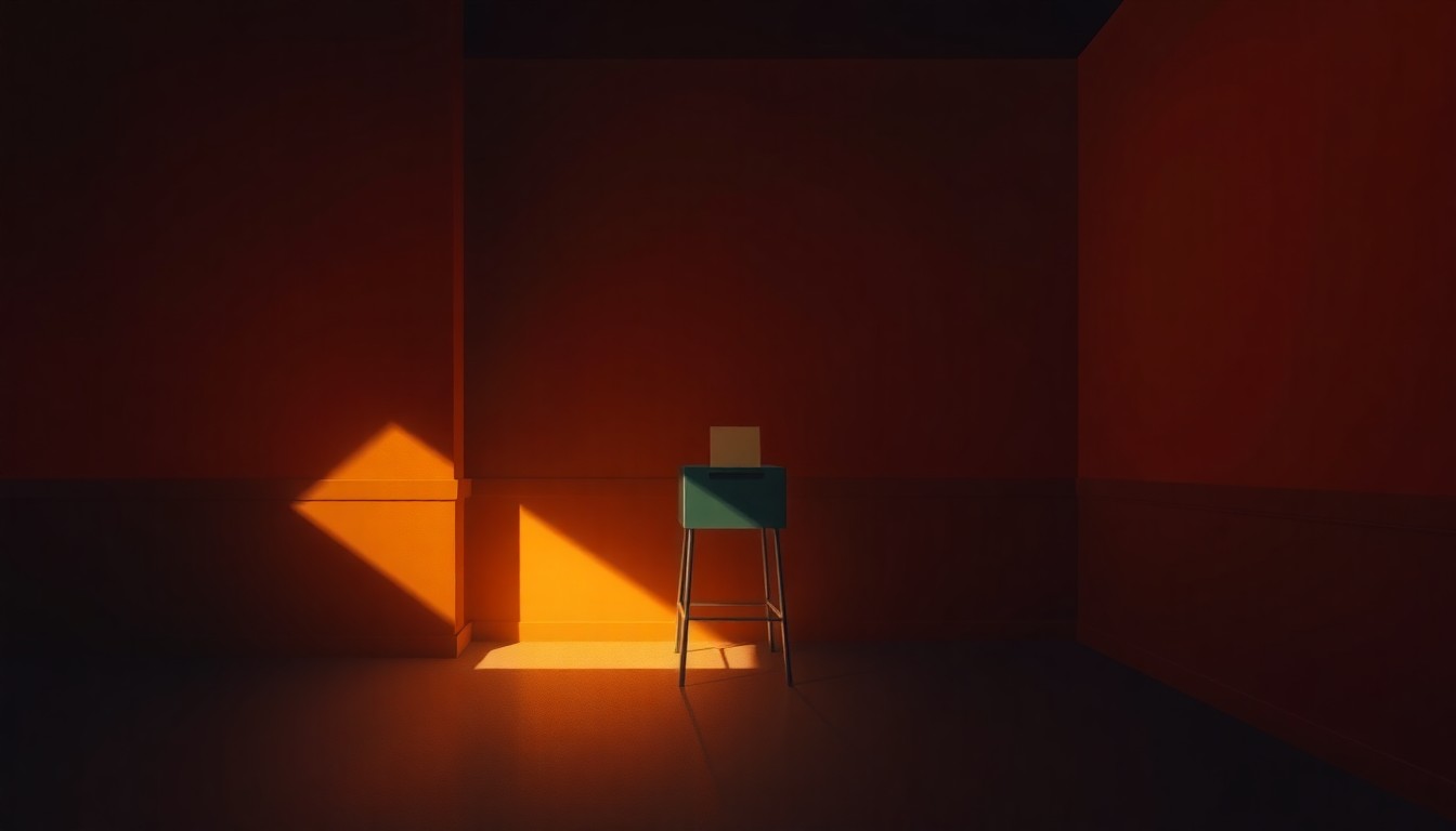 A serene, dimly lit painting of a lone voting booth or ballot box, its details obscured by deep shadows and warm, angled sunlight, creating a pensive, contemplative mood around the electoral process.