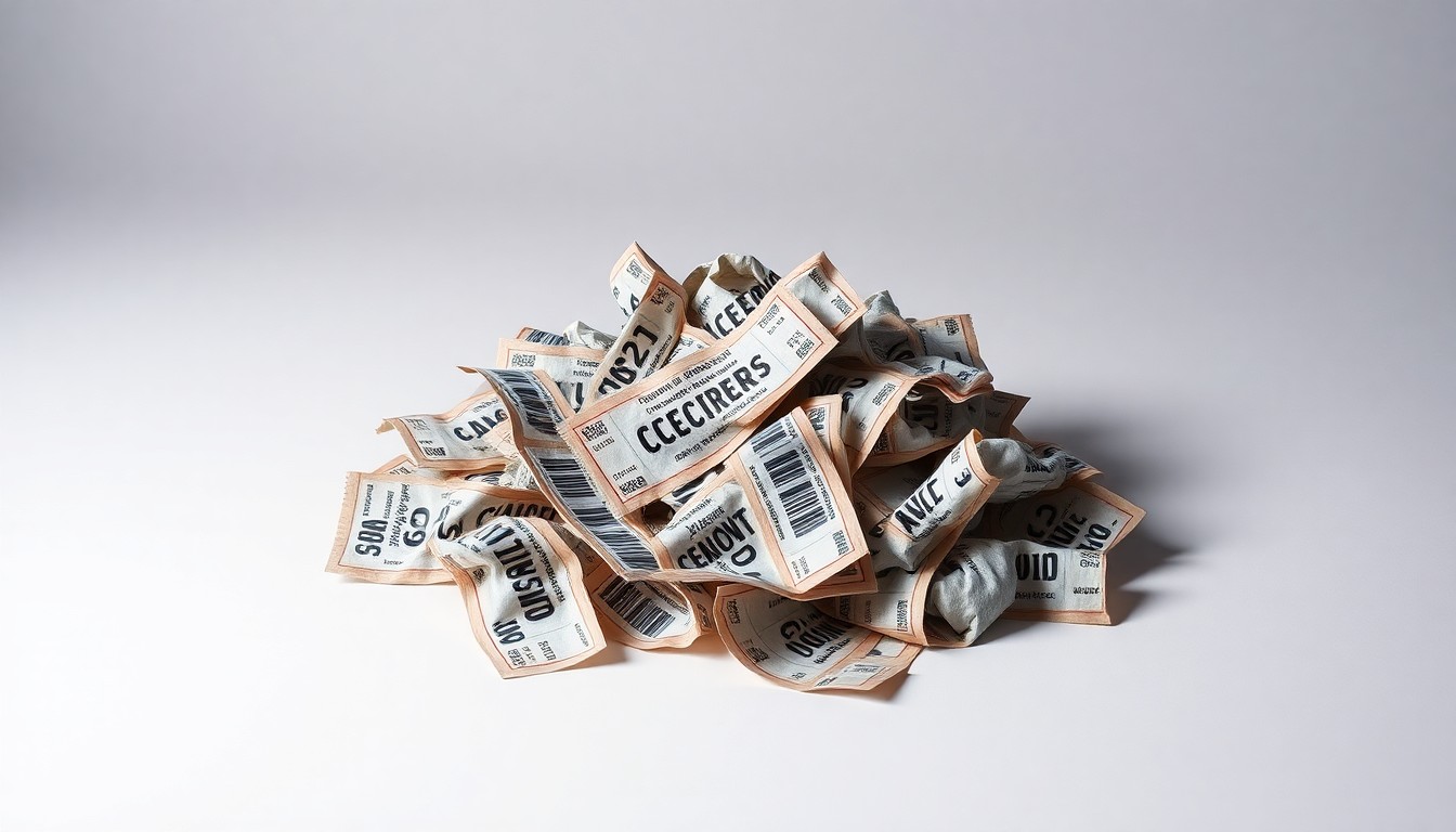 A photorealistic studio still-life photograph showing a pile of crumpled concert tickets on a clean, monochromatic background, conceptually representing the overcharging of fans by the Live Nation and Ticketmaster monopoly.