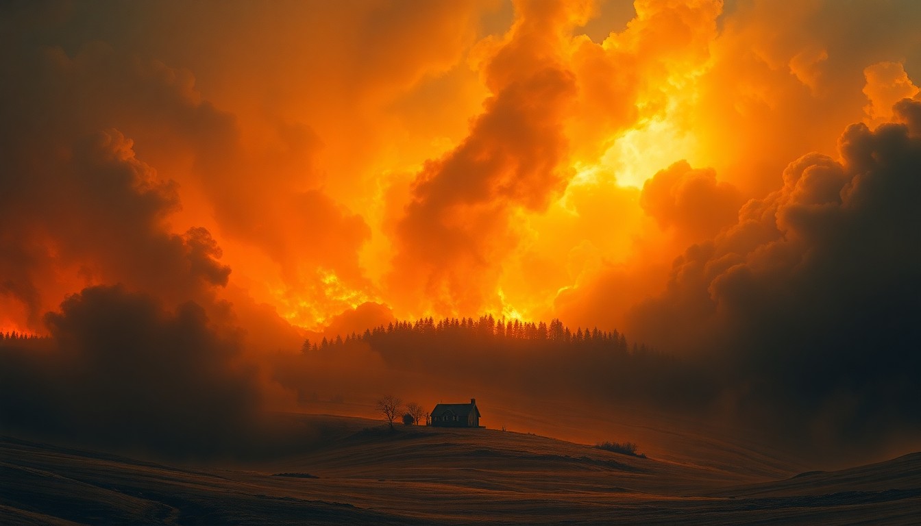 A sweeping landscape painting in muted earth tones, with a small home barely visible in the distance, consumed by thick, billowing smoke from a raging wildfire that dominates the scene.