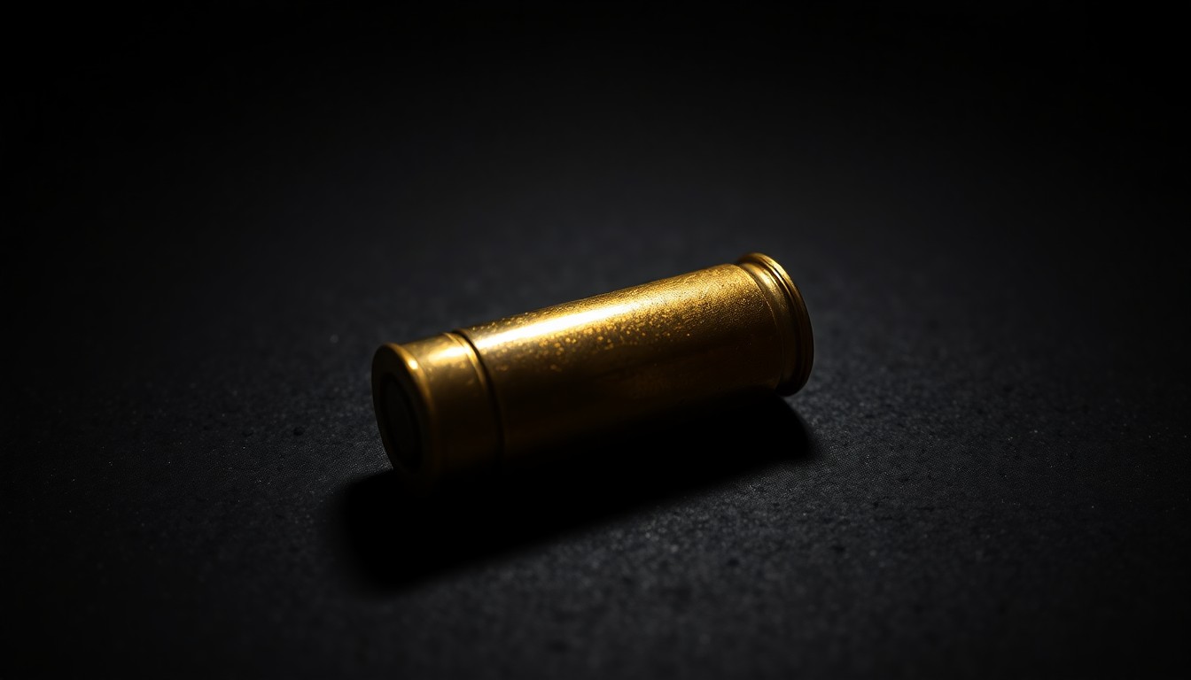An extreme close-up photograph of a single spent shell casing on a dark, textured surface, lit by a harsh, direct camera flash, conceptually illustrating the violence of this homicide investigation.