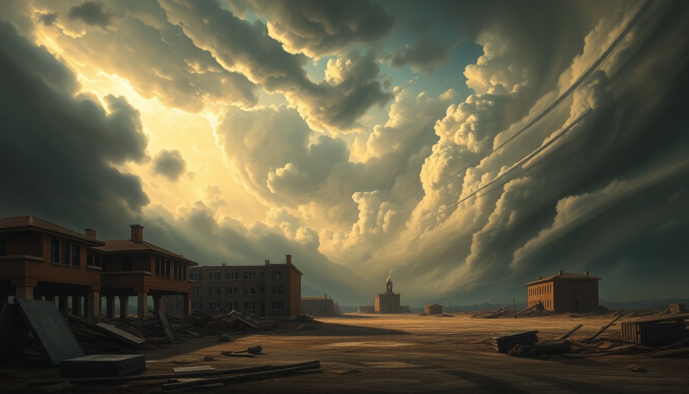A large-scale landscape painting depicting a turbulent, stormy sky with dark clouds and dramatic lighting, dwarfing the damaged school buildings and debris scattered across the foreground.