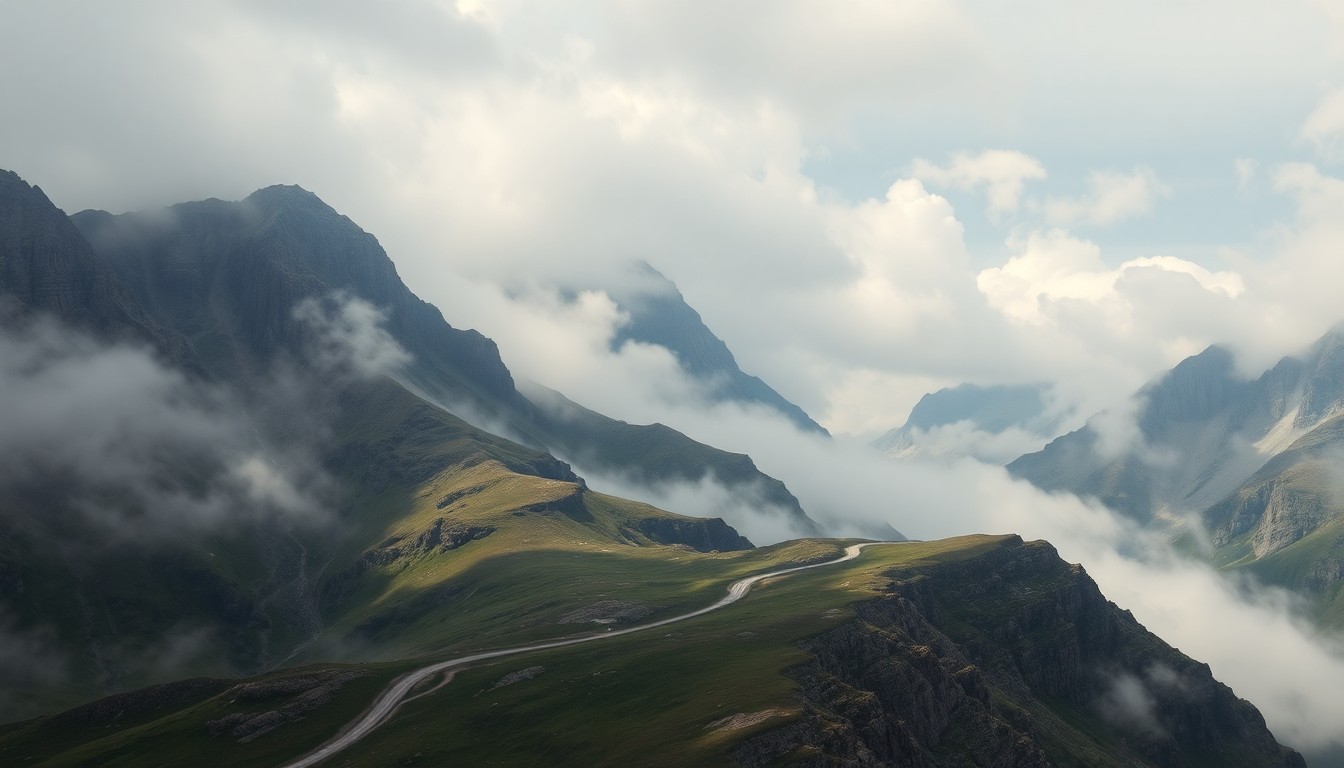 A sweeping, atmospheric landscape painting in muted tones of gray, blue, and green, depicting a winding highway cutting through a rugged mountain range shrouded in fog. The highway is partially obscured by the swirling mists, conveying the overwhelming scale of the natural environment and the vulnerability of human infrastructure.