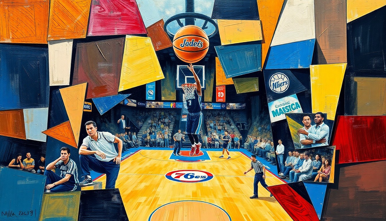 A cubist, geometric painting depicting a basketball game between two teams, with the players and court broken down into sharp, overlapping shapes and planes of color, capturing the intensity and drama of the play-in tournament.