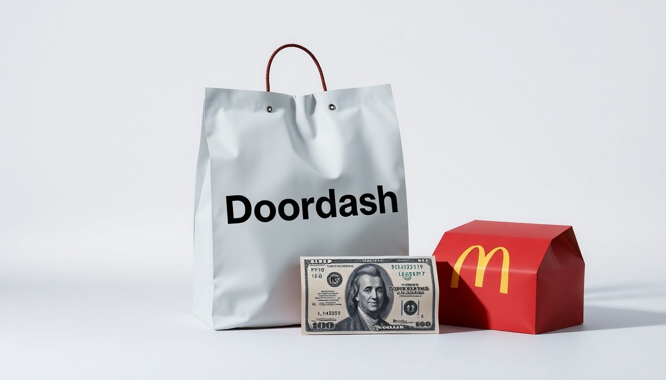 A photorealistic studio still life featuring a DoorDash delivery bag, a McDonald's takeout container, and a $100 bill arranged on a clean, monochromatic background, symbolizing the tension between corporate PR and political influence.
