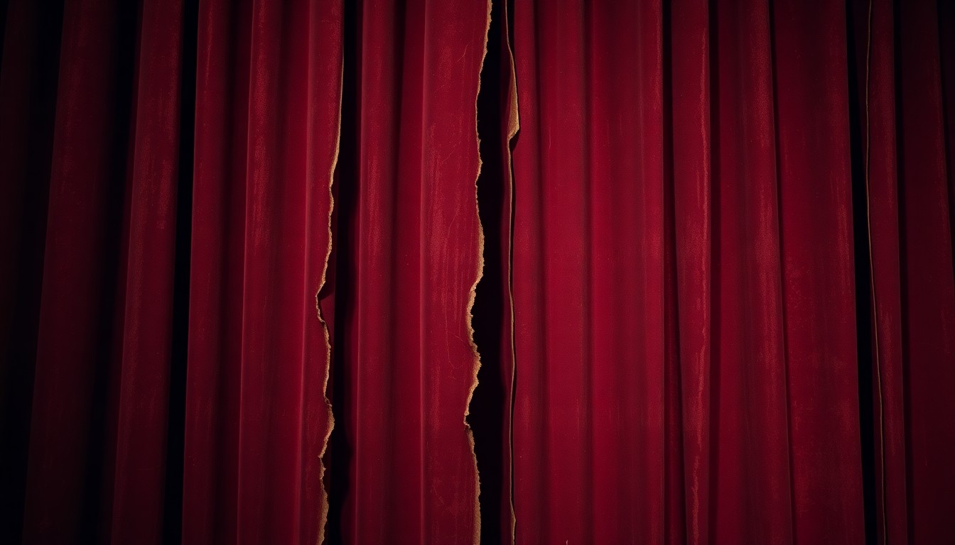 An abstract close-up image of a worn, textured theater curtain in deep burgundy and gold hues, conveying the sense of a performance space that has hosted countless stories of healing and transformation.