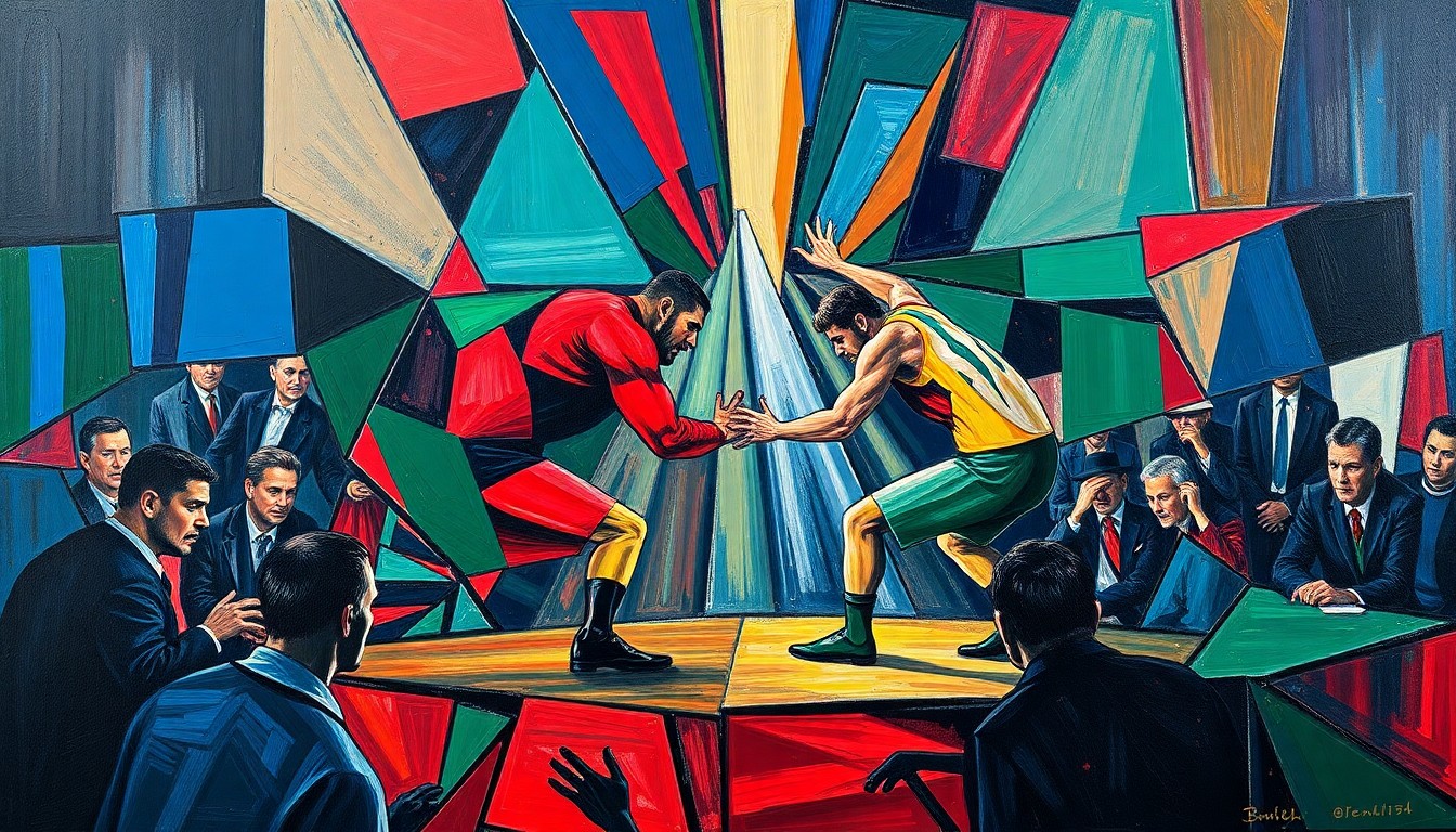 A cubist, geometric painting depicting the fractured movements and perspectives of a wrestling match, using bold, overlapping shapes and planes in deep blue, green, and red tones to capture the dynamic energy of the sport.