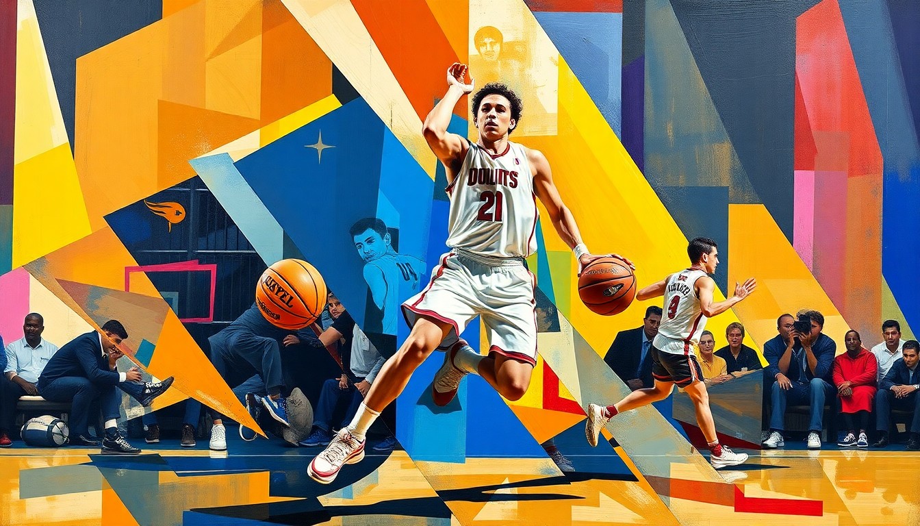 A fractured, multi-perspective painting in the style of Pablo Picasso, breaking down the movements of a college basketball player into sharp, overlapping geometric planes of vibrant colors, capturing the intensity of the sport in an abstract, conceptual manner.