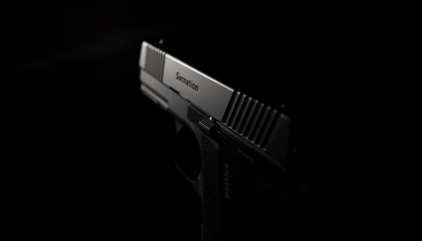 An extreme close-up photograph of a 9mm semi-automatic handgun magazine, its metal surface reflecting the harsh light of the camera flash against a pitch-black background, conceptually representing the violence and legal issues surrounding this former child actor.
