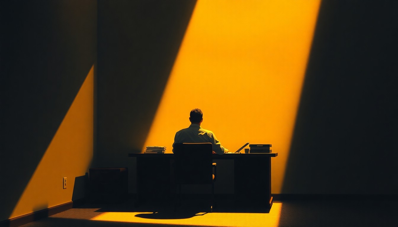 A solitary figure sits at a desk in a dimly lit room, the warm glow of sunlight casting long shadows across the space, evoking a sense of quiet contemplation and unease around the tax filing process.