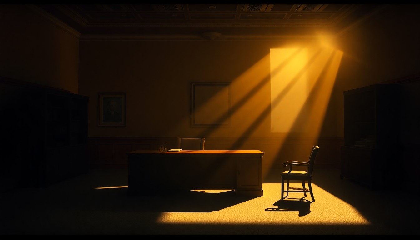 A moody, cinematic painting of a solitary desk in a dimly lit government office, with warm light streaming in through a window and deep shadows enveloping the rest of the space, conveying a sense of unease and uncertainty.