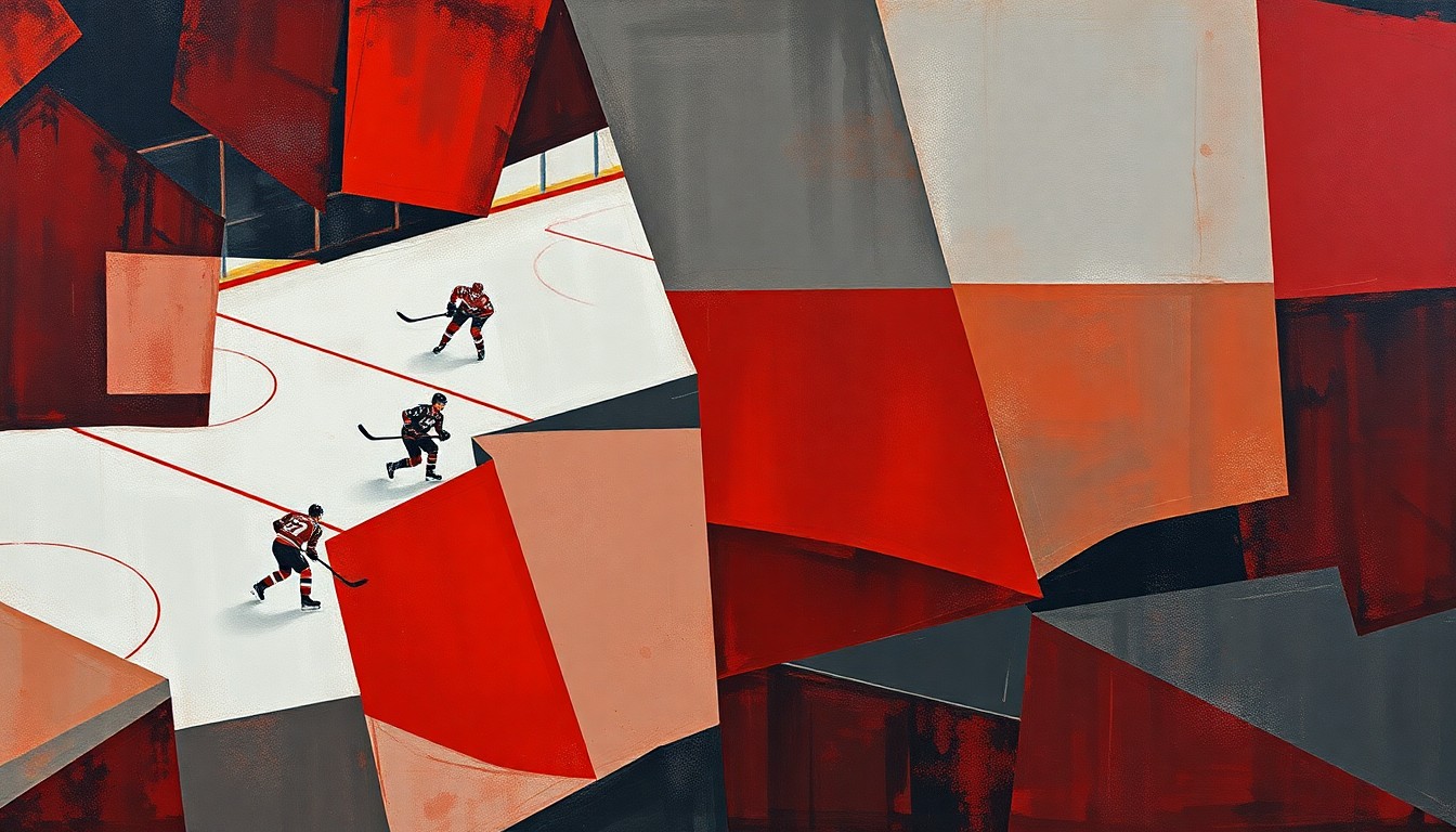 A fractured, geometric painting in muted tones of red, blue, and grey, depicting a hockey game or match broken down into sharp, overlapping planes, conveying the Detroit Red Wings' ongoing challenges to return to the playoffs.