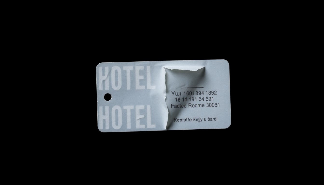 An extreme close-up photograph of a crumpled hotel room key card, the surface texture and material details sharply illuminated by a harsh direct flash against a pitch-black background, conceptually representing a key piece of evidence in the investigation of a high-profile rape allegation.