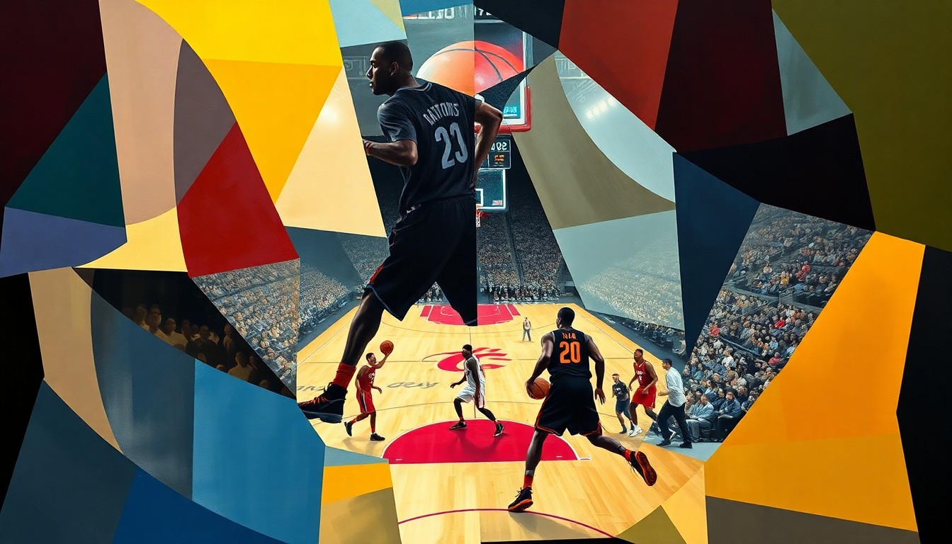 A fragmented, geometric painting depicting the players and court of a basketball game in an abstract, cubist style, with sharp planes of color and overlapping shapes representing the dynamic movement and competition of the playoff matchup.
