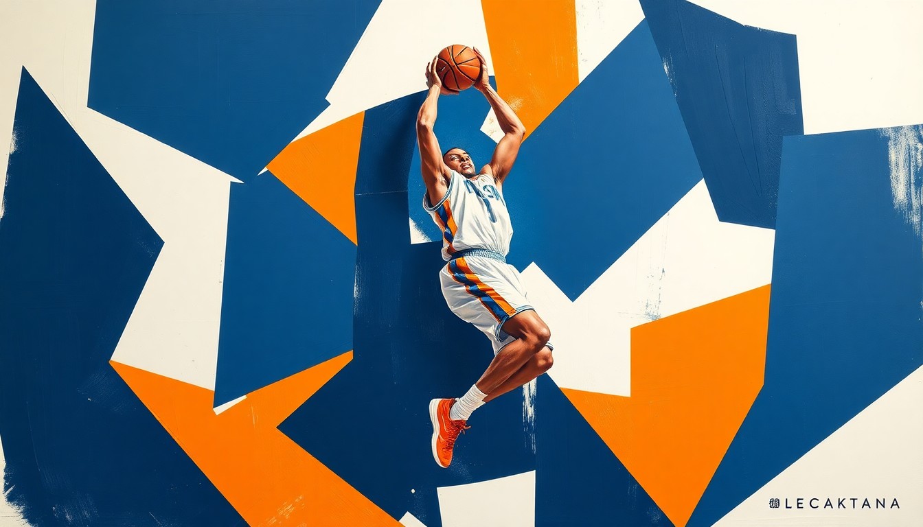 A cubist-style painting depicting a basketball player's jump shot or rebounding motion broken down into sharp, overlapping geometric shapes in navy blue, orange, and white, conveying the fragmented and uncertain nature of Stillwell's eligibility situation.