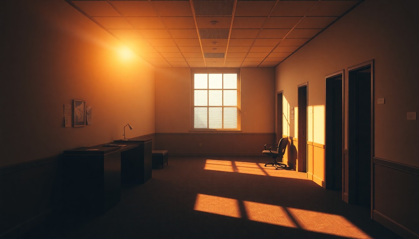 A dimly lit, cinematic government office space with empty desks and chairs, the warm sunlight streaming in through the windows and casting deep shadows, conveying a sense of isolation and the heavy weight of immigration policies.