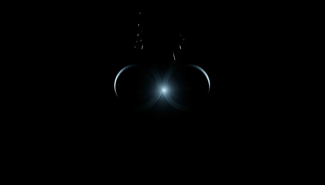 An extreme close-up photograph of a pair of handcuffs against a stark black background, creating a gritty, investigative aesthetic through the use of harsh, direct lighting.