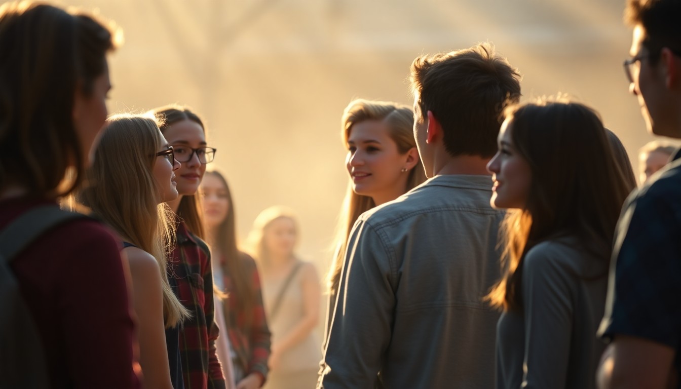 An abstract, out-of-focus scene of high school students and college representatives in a warm, hazy setting, conveying the supportive atmosphere of the college enrollment event.