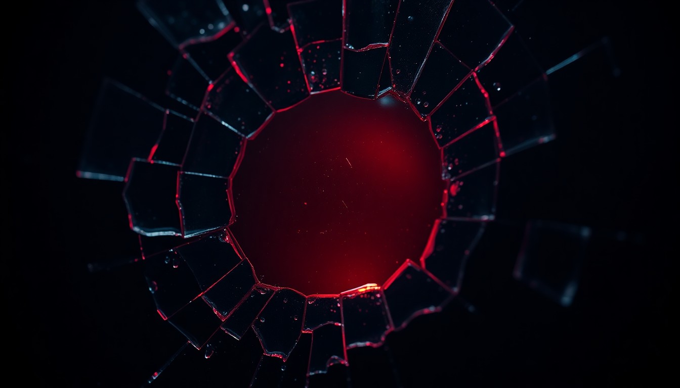 An extreme close-up photograph of a single shattered glass lens, reflecting a faint red light, conceptually illustrating the aftermath of an alleged incident of police violence against a protester.