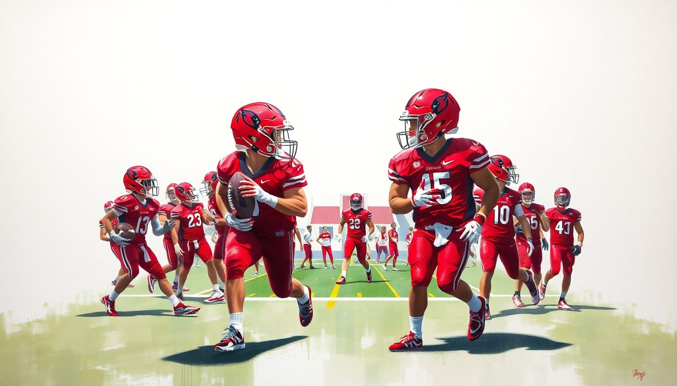 A cubist, geometric painting depicting Louisville football players running routes and catching passes during a spring practice, with sharp, overlapping planes of color representing the dynamic action on the field.