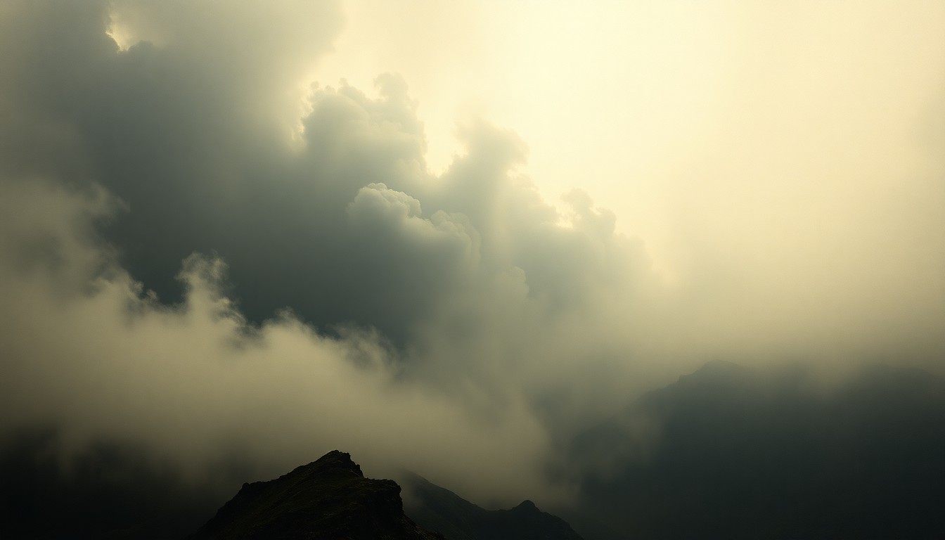 A sweeping, atmospheric landscape painting in muted tones of grey and brown, with a thick haze of smoke obscuring the horizon and dwarfing any visible structures or vegetation, conveying a sense of the overwhelming power of nature.