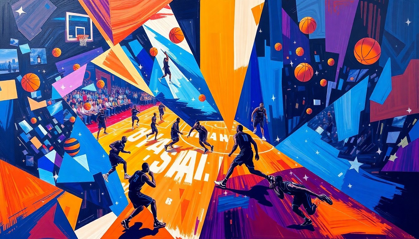 A fractured, multi-perspective painting depicting the action and energy of an NBA playoff game, with players, basketballs, and court lines broken down into sharp, overlapping geometric shapes and planes of vibrant colors.