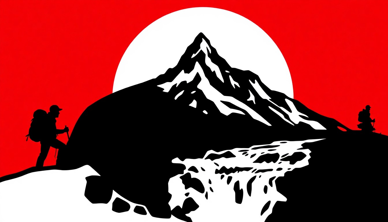 A dynamic composition of stark black silhouettes representing the key elements of outdoor adventure and survival, arranged in an off-kilter layout against a high-contrast red and white background.