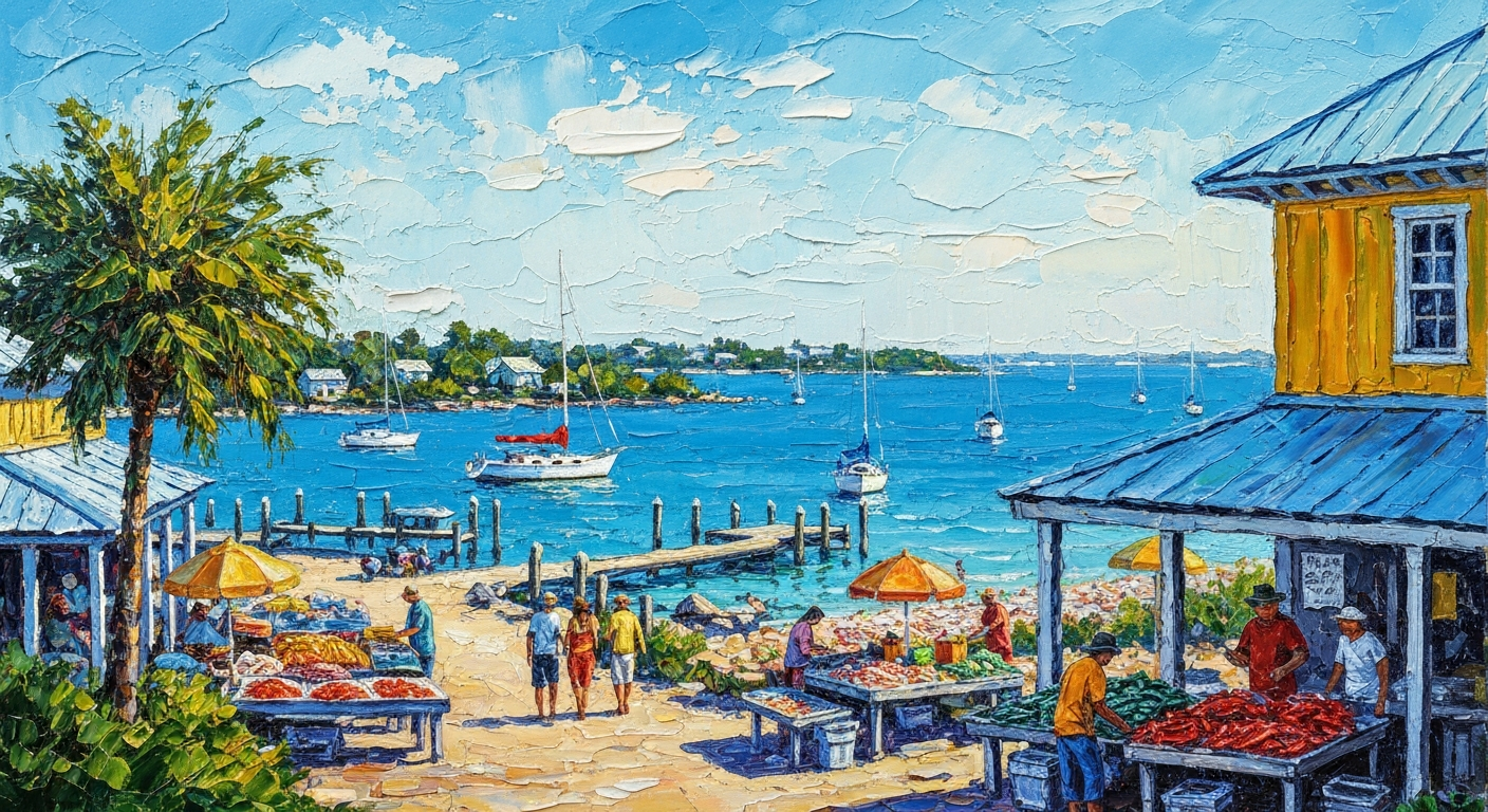 A textured oil painting in the style of Vincent Van Gogh depicting a lively coastal scene in Cedar Key, Florida, with sailboats on the water and a bustling seafood market in the foreground, capturing the energy and character of this charming Gulf Coast island.