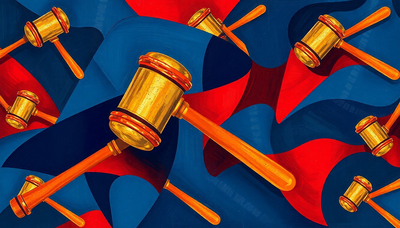 An abstract, fragmented painting in bold blue, red, and gold tones depicting a government symbol related to labor policy, conveying a sense of disruption and centralization of power.