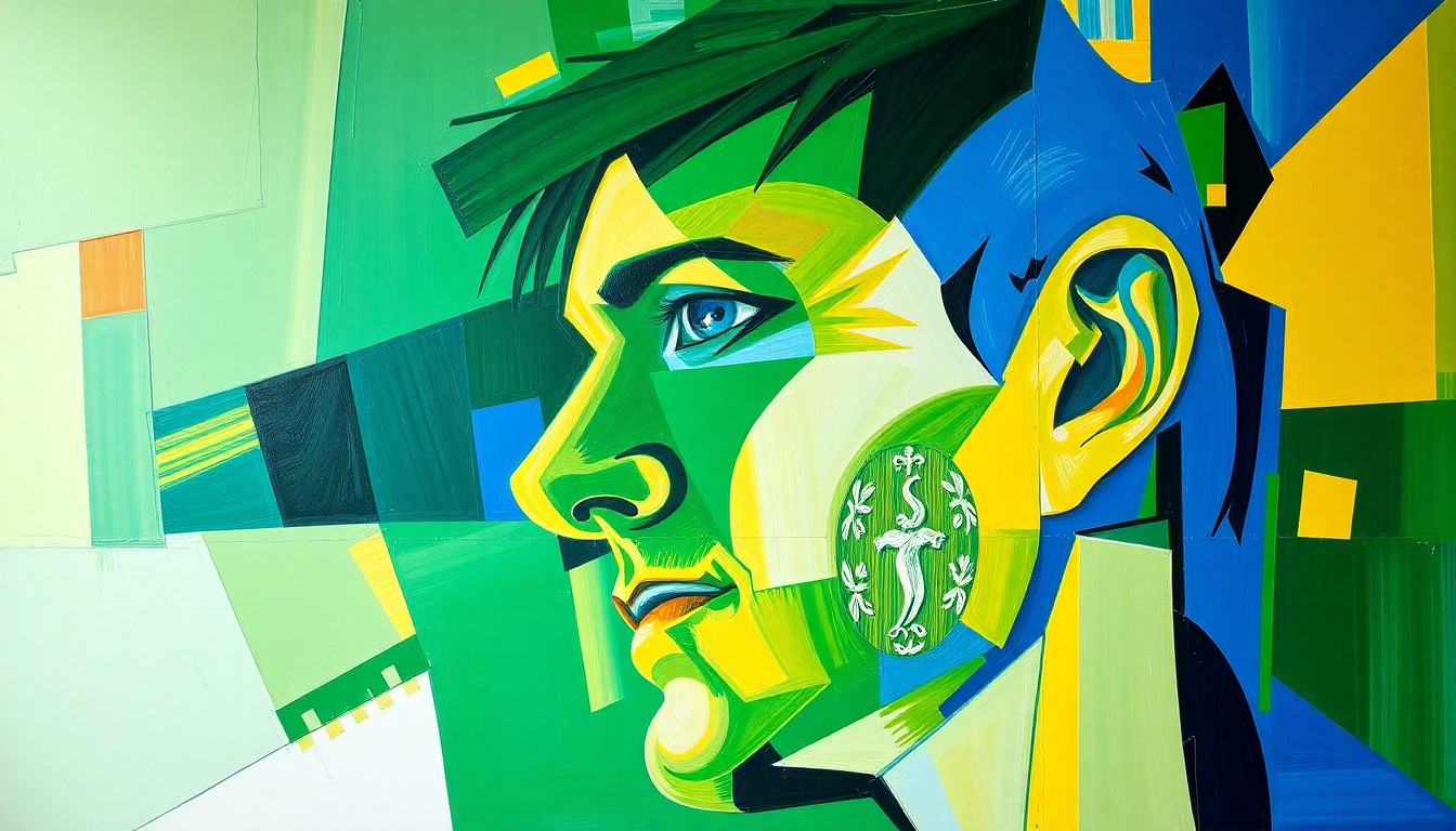 A cubist, geometric painting depicting the dynamic movements and emotions of Rory McIlroy's Masters victory, with overlapping planes of vibrant green, blue, and yellow hues.