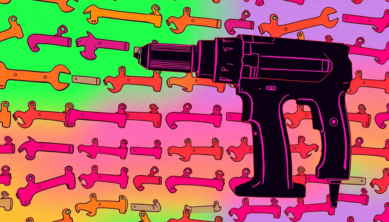 A vibrant, high-contrast silkscreen print featuring a repeated image of a wrench in bold neon colors, conceptually representing the hands-on industrial training at the new manufacturing center.