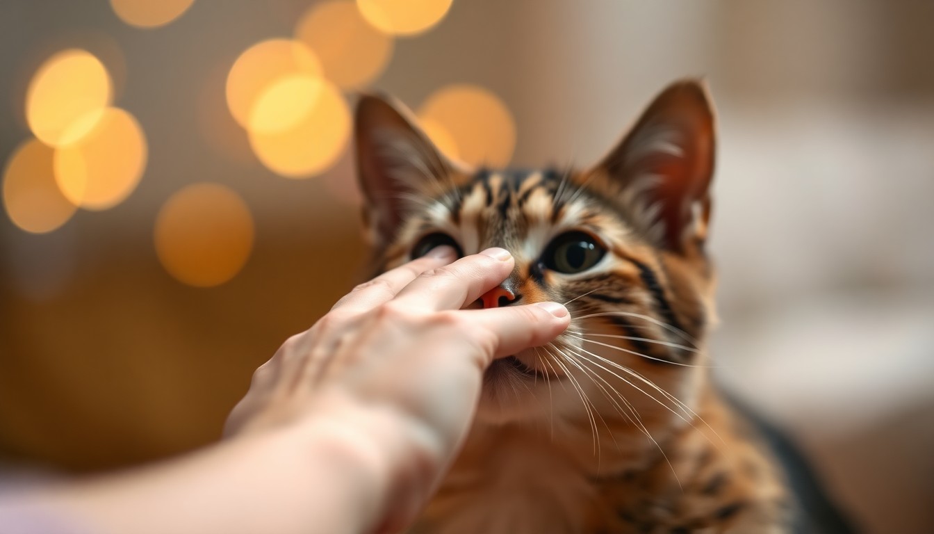 A blurred, intimate photograph of a person's hand gently petting a cat or dog, with the animal's face in soft focus and the background a hazy, colorful wash, conveying the emotional connection between people and their pets.