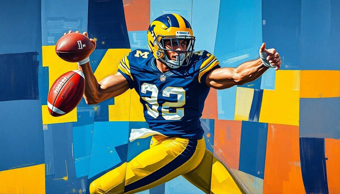 A fractured, cubist-style painting depicting a Michigan tight end in action, with sharp geometric planes of maize and blue representing the explosive energy and athleticism of the player.