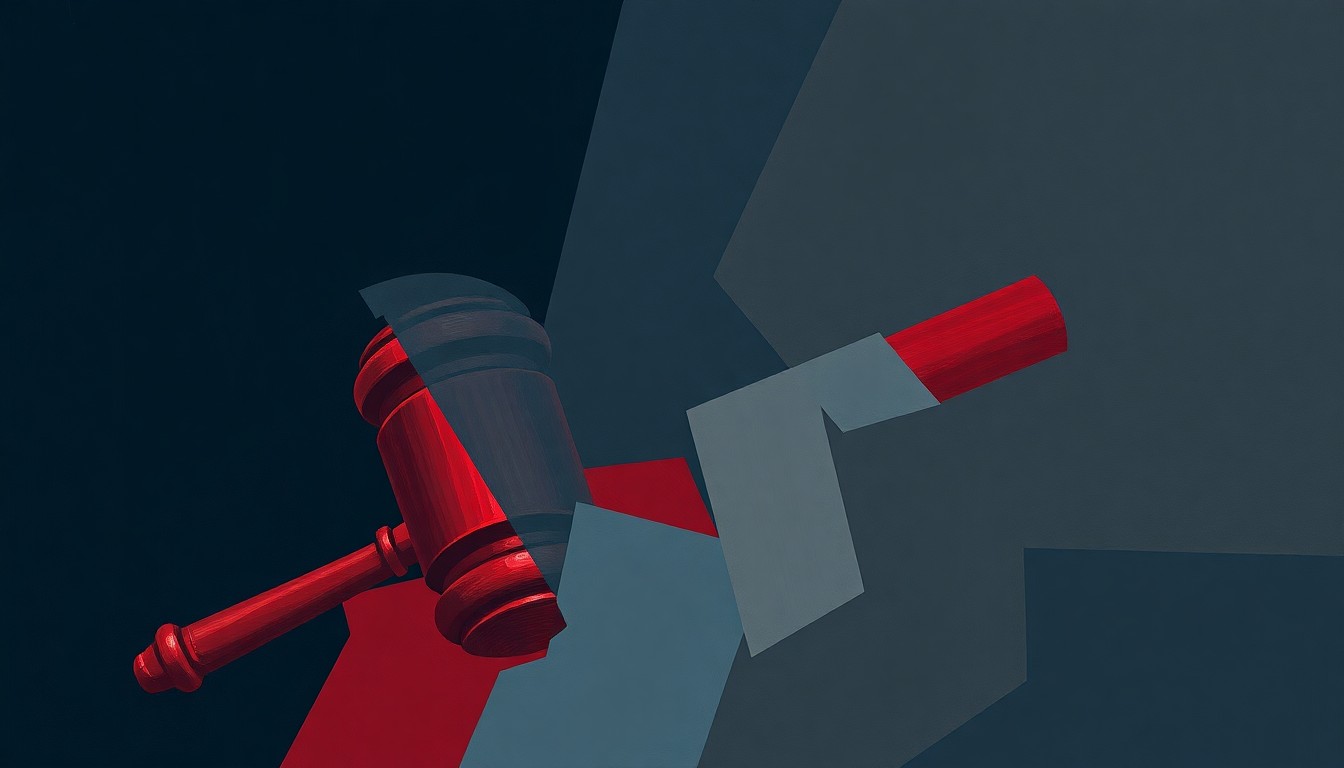 A dynamic, fragmented painting of a gavel repeating in overlapping geometric shapes in dark navy, slate gray, and muted red, conveying the chaotic and unresolved nature of disciplining lawmakers for misconduct.
