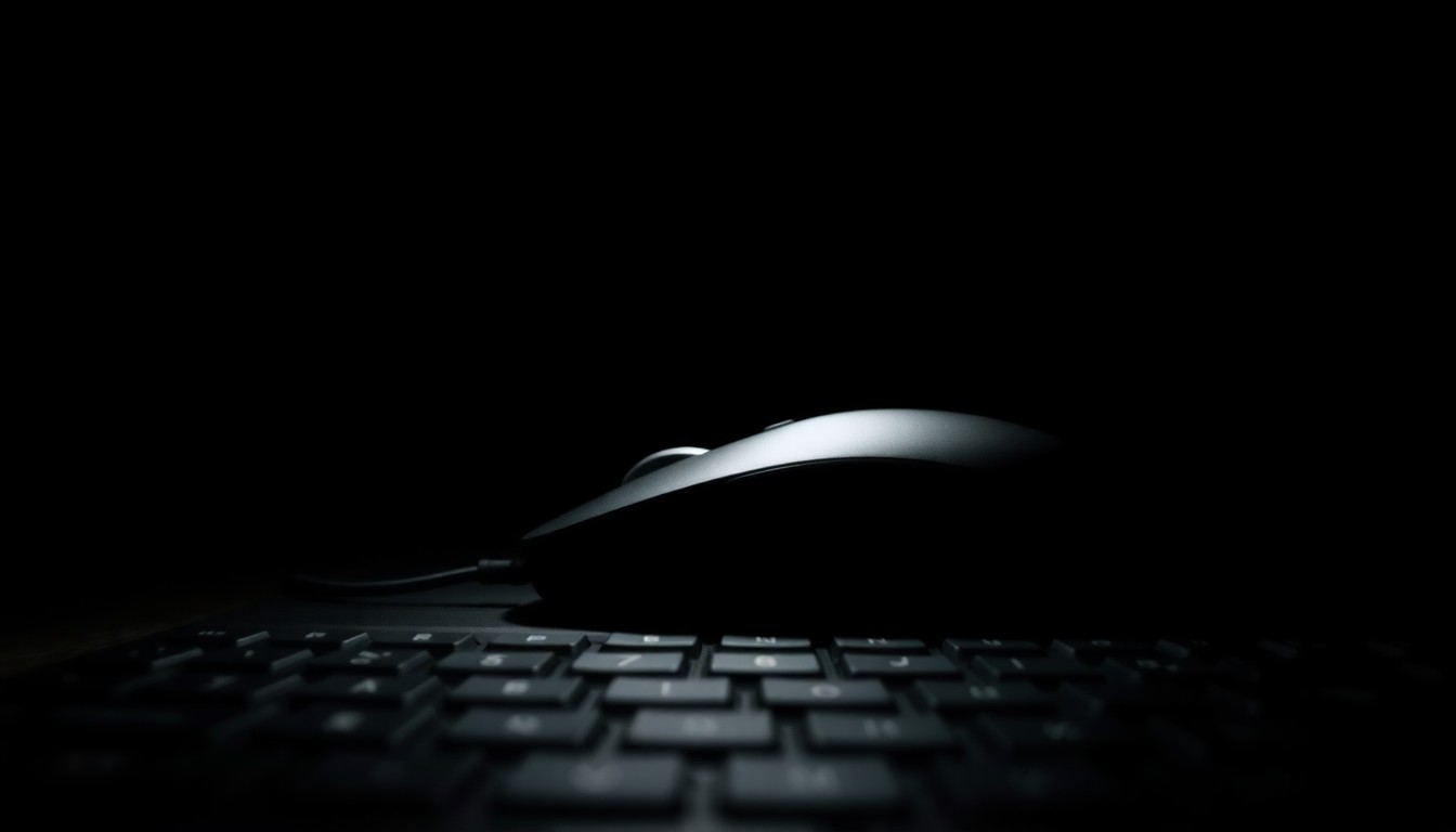 An extreme close-up photograph of a computer mouse and keyboard, lit by a harsh, direct camera flash against a pitch-black background, conceptually illustrating the contentious legal dispute over computer ownership.