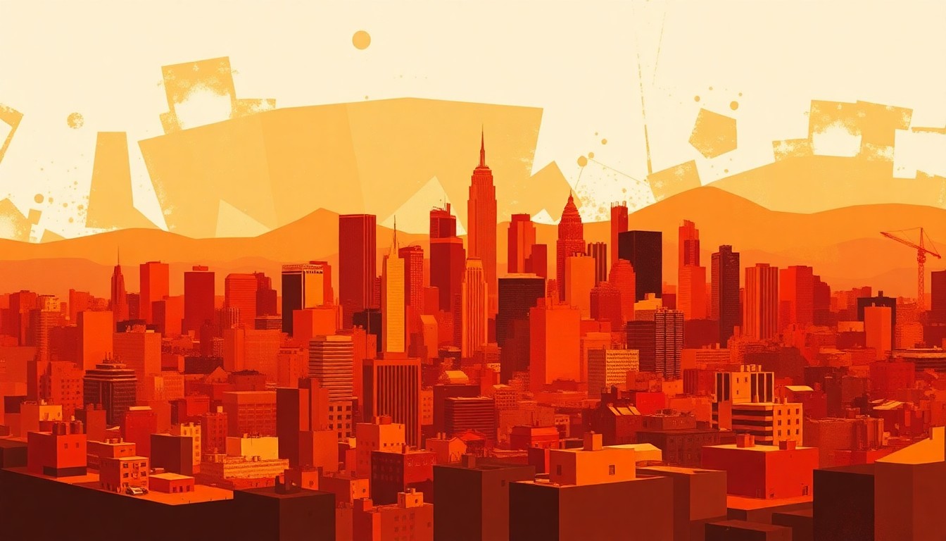A vibrant, fractured painting of a city skyline in warm, overlapping tones of orange, red, and yellow, conceptually representing the urgency and chaos of the Palisades Fire recovery efforts.