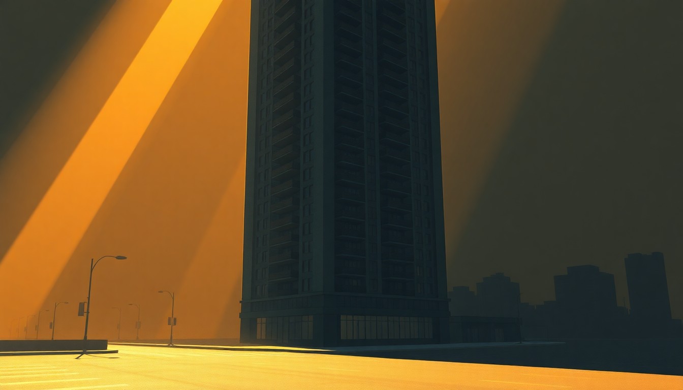 A photorealistic painting of a tall, sleek luxury apartment building in New York City, with the facade bathed in warm, golden sunlight and deep shadows, conveying a sense of solitude and contemplation.