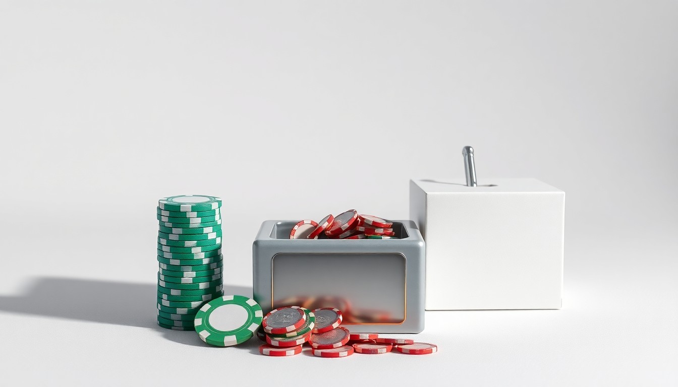 A photorealistic studio still life featuring a stack of casino chips, a slot machine coin tray, and a donation box, arranged elegantly on a clean, monochromatic background to symbolize the abstract concepts of corporate philanthropy and the power of small donations.