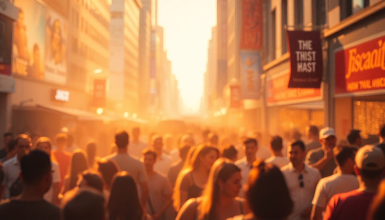 An abstract, impressionistic scene of a crowd gathered in a city setting, with soft, warm light and color creating a dreamlike, atmospheric quality.