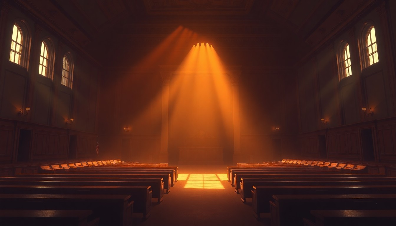 A cinematic painting of an empty city council chamber, with warm sunlight streaming through the windows and deep shadows casting a contemplative mood over the space.