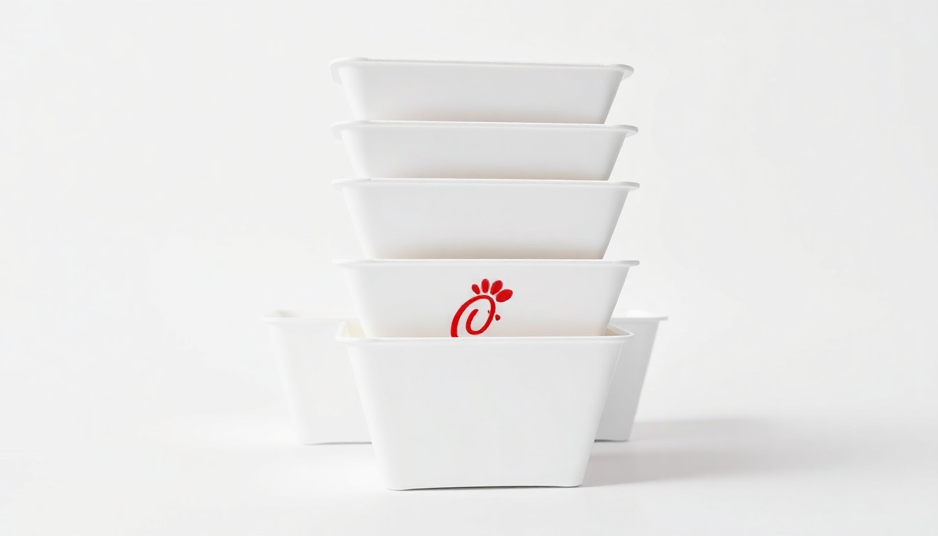 A minimalist, high-contrast studio photograph of a stack of pristine white takeout containers with the Chick-fil-A logo embossed on the side, conveying the corporate branding and clean aesthetic of the new restaurant development.