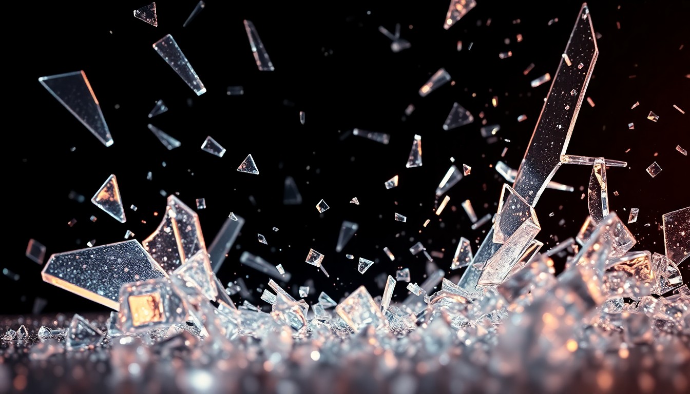 An extreme close-up photograph of shattered glass and glittering shards in high-contrast studio lighting, creating an abstract, high-fashion aesthetic that conceptually represents the competitive nature of the broadcast TV industry.