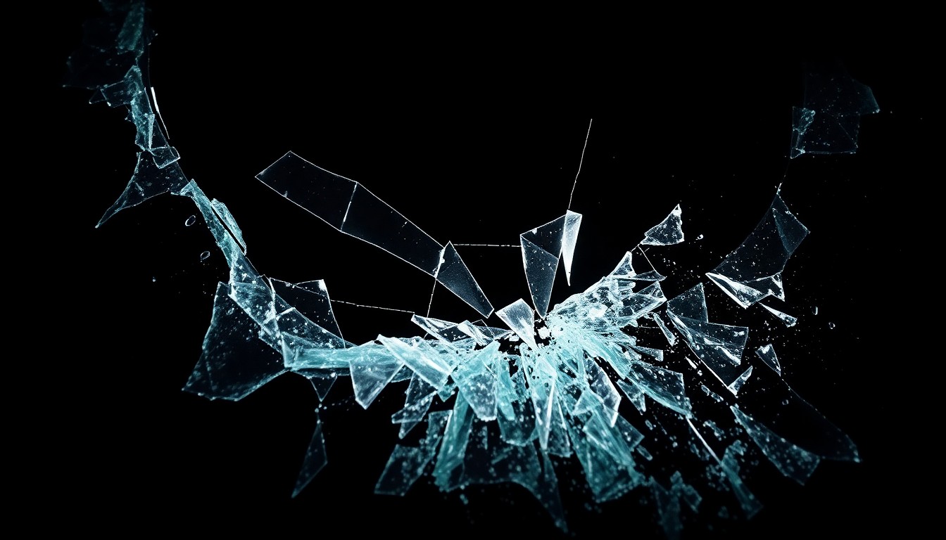 An extreme close-up photograph of shattered glass from a vandalized vehicle, capturing the harsh, gritty texture and dramatic lighting to convey the investigative nature of the crime.
