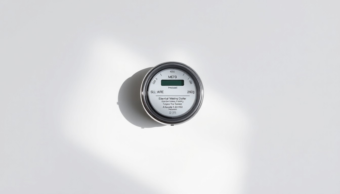 A photorealistic studio still life of a polished metal electrical meter against a solid white background, casting dramatic shadows to symbolize the abstract concepts of corporate responsibility and the human cost of utility shutoffs.