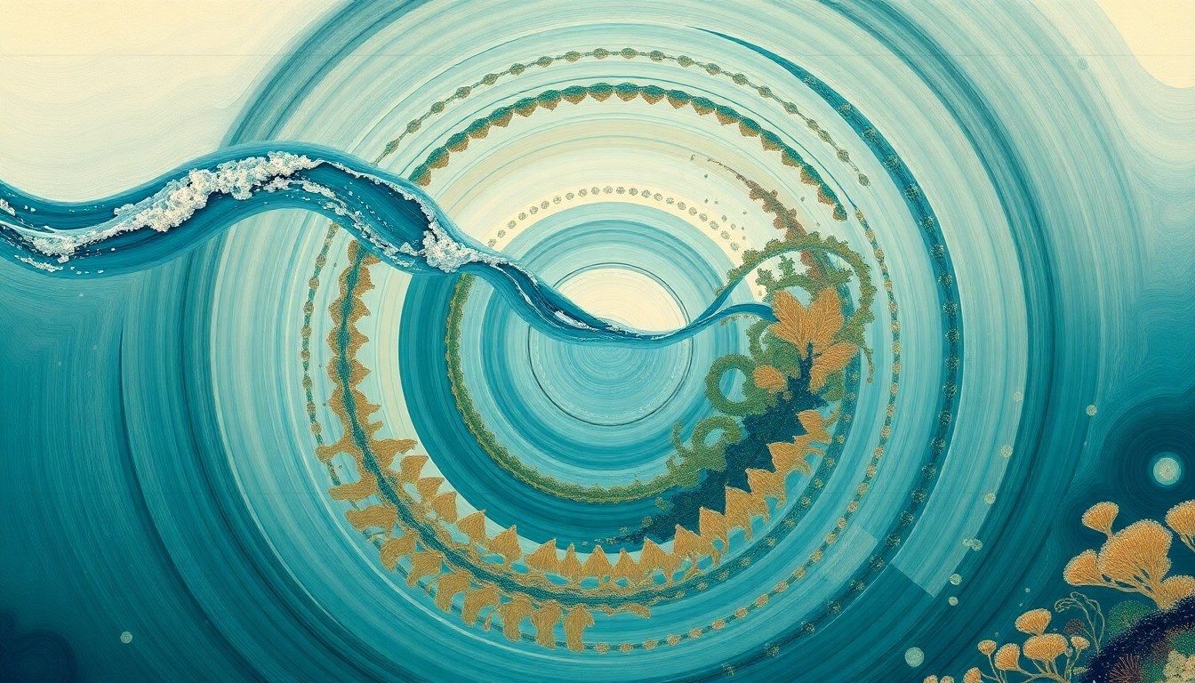 A highly structured abstract painting in muted tones of blue, green, and brown, featuring sweeping geometric arcs, concentric circles, and precise botanical spirals, conceptually representing the delicate balance of the marine ecosystem threatened by the proposed dredging project.