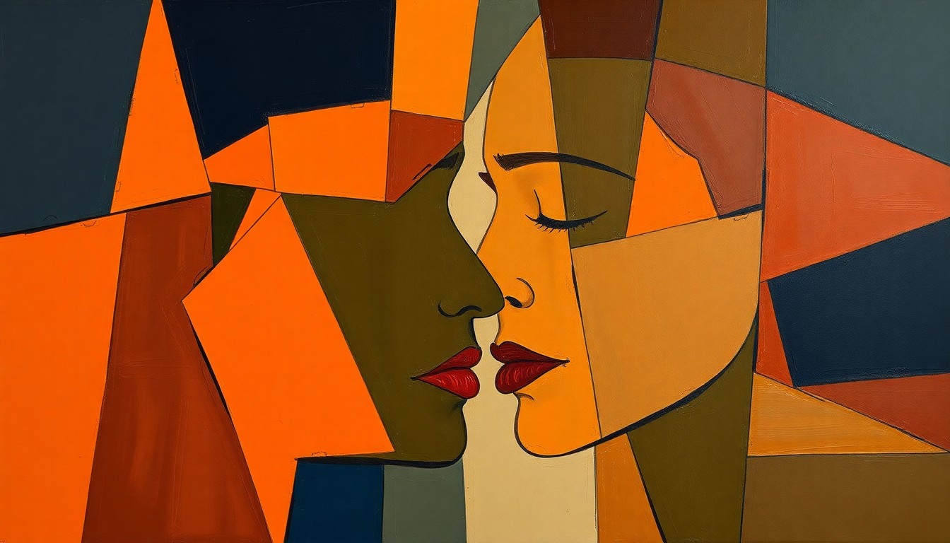 A fragmented, geometric painting in navy, orange, and olive hues, conceptually representing the turbulent dissolution of a high-profile marriage.