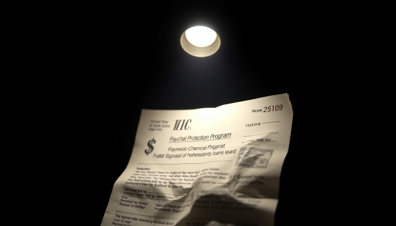 An extreme close-up photograph of a crumpled Paycheck Protection Program loan document, the paper's texture and creases dramatically lit to create a stark, gritty aesthetic that conceptually represents the fraud and abuse uncovered in this story.